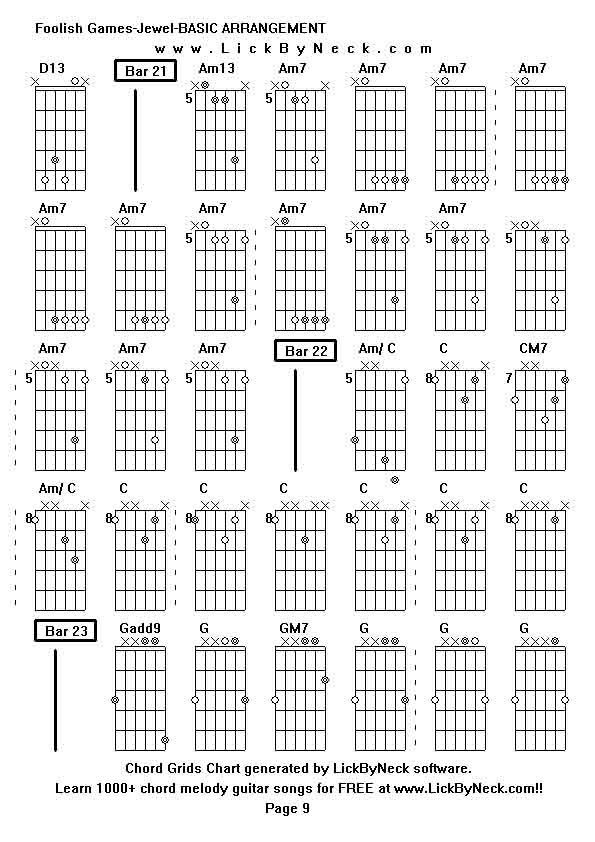 Chord Grids Chart of chord melody fingerstyle guitar song-Foolish Games-Jewel-BASIC ARRANGEMENT,generated by LickByNeck software.